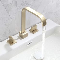 POP SANITARYWARE Widespread 2-Handle Bathroom Sink Faucet Brushed Gold Solid Brass 8 Inches Waterfall Bathroom Vanity Faucet 3 Holes Basin Mixer Fauce