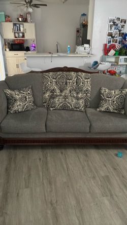 Gray Fabric Sofa with Wood Carved Frame
