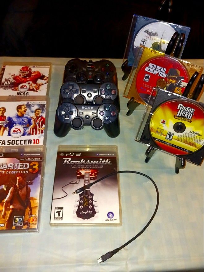 PlayStation 3 Controllers And Game Lot Six Games Three Controllers A Charge Cord And A Bonus Game! One Sealed!