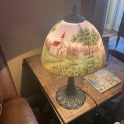 Hand-Painted Reverse Glass Shade Lamp with Church Scene - Vintage Look