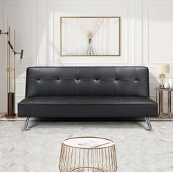 Modern Folding Futon Loveseat Black Faux Leather Futon Sleeper Bed Convertible Futon Couch Bed for Living Room
