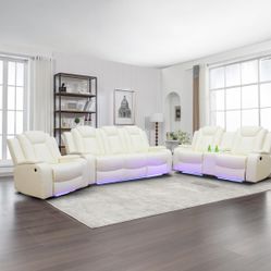 White Leather Power Reclining Couch Set
