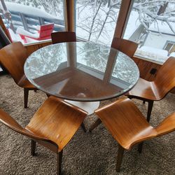 Round Dining Table Wood/glass Top W/ 6 Chairs
