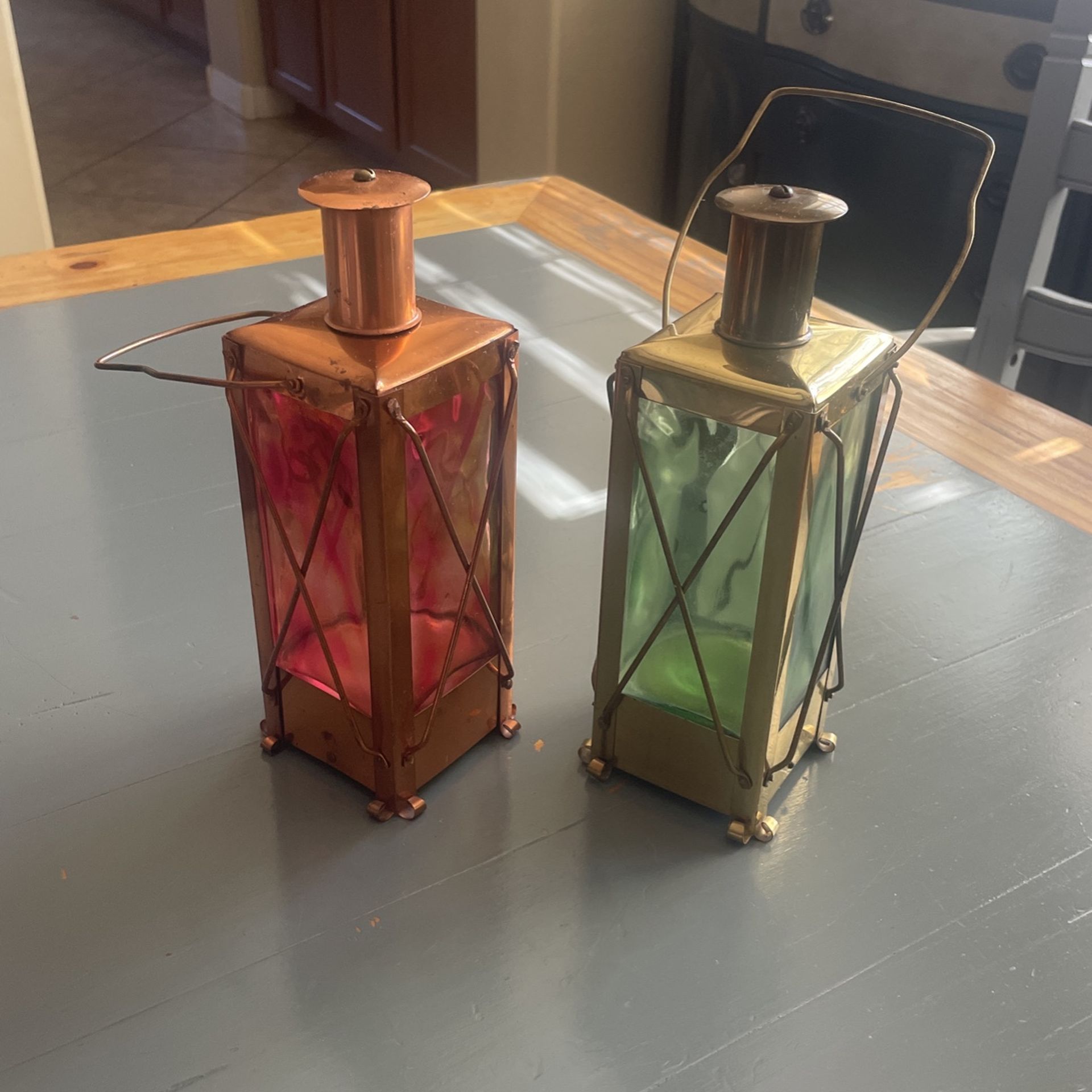 Rare Find: Vintage Copper Decanter Music Boxes- Red And Green Glass