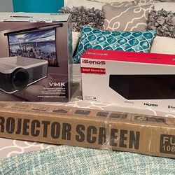 VPL Projector 4k With Isonos Sound Bar And HD Projector Screen 