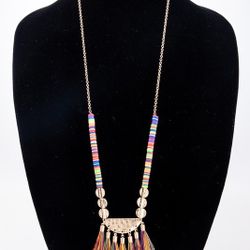 Boho Chic Colorful Polymer Clay Heishi Beaded Fringe Necklace