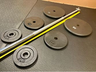 Standard 6 ft Gently Used Bar ( Split in 2 pieces) with pair of Cast Iron Plates of 25#, 10# and 5 pounders. Brute Weight: 100 #