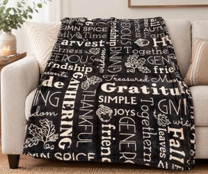 Fall Dark Gray soft throw blanket with white text and autumn-themed words