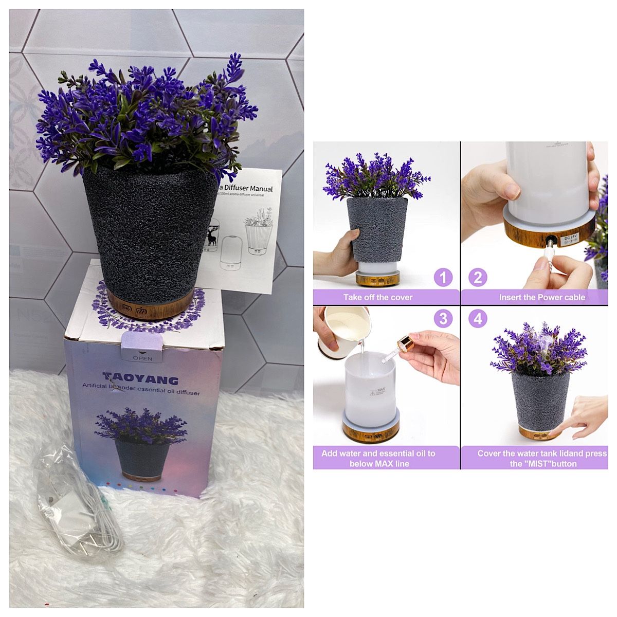 Lavender Plant Potted Essential Oil Diffuser, 150ml Cold Mist humidifier, 2 Mist Mode&Auto Shut-Off, 7 Colors LED Light, Ultrasonic Aromatherapy Diffu
