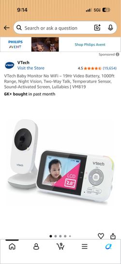 VTech Baby Monitor No WiFi - 19Hr Video Battery, 1000ft Range, Night Vision, Two-Way Talk, Temperature Sensor, Sound-Activated Screen, Lullabies | VM8