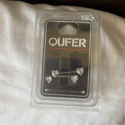 Nipple Piercing Silver Heart Shaped Diamonds, Size 9/16” 14 Gage