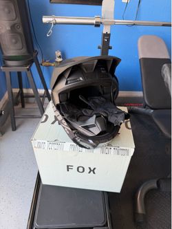 Fox helmet, gloves, and goggles for motocross and mountain bikes