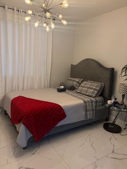 Gray Upholstered Bed Frame with Headboard