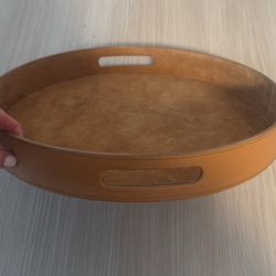 Round Camel Leather Tray With Handles