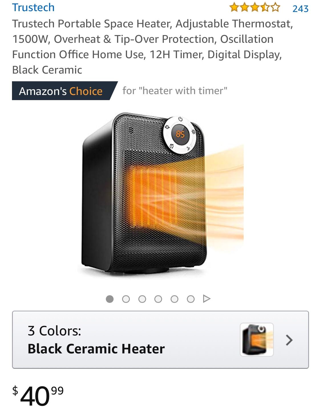 Portable Space Heater, Adjustable Thermostat, 1500W