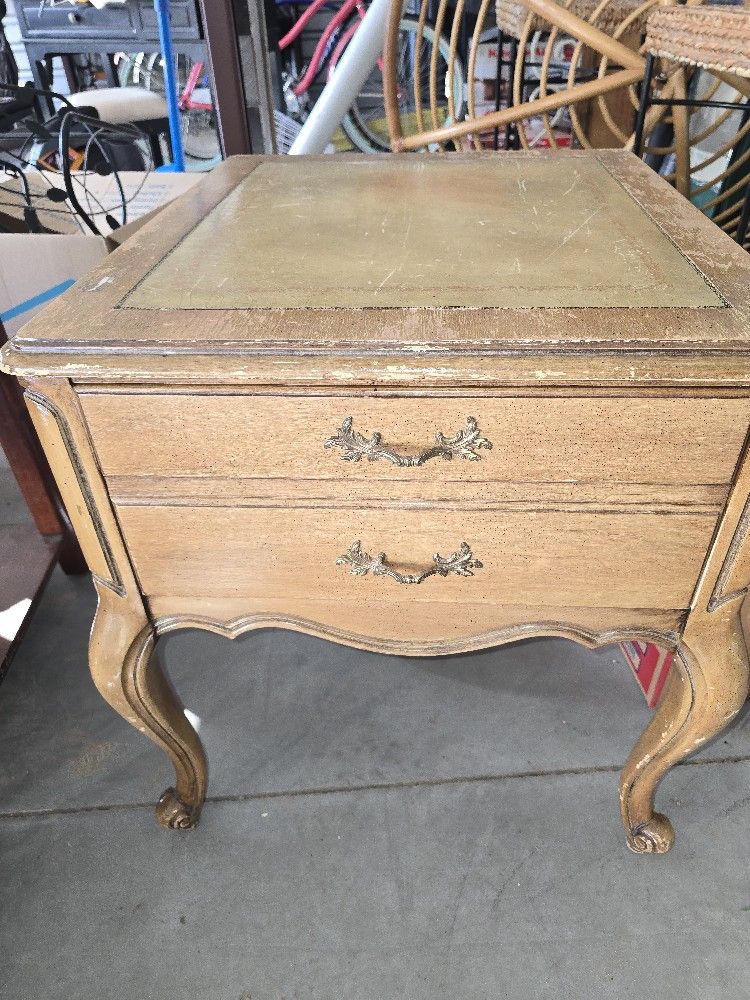 Beautiful Vintage Solid Wood End Table – With Drawer – Leather Inlay Top - 25"D X 22"W X 24"T