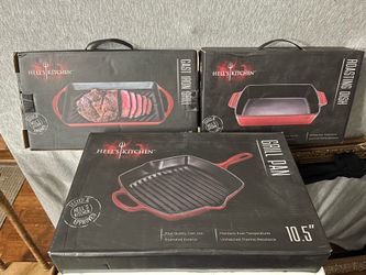 *open box* HELL’S KITCHEN Enameled Cast Iron Grill Pan Roasting Casserole Dish