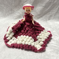 VTG white red maroon crochet doll Southern Belle toilet paper cover tissue cozy