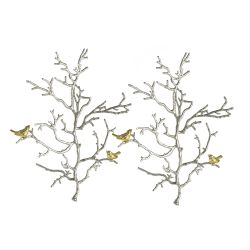 S/2 17x5.5x22" Metal Branch Wall Sculptures with Gold Bird Accents