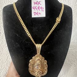 14K Yellow Gold 🇨🇺 Links Chain and San Lázaro Pendant 45.4Gr 24 Inches Long 