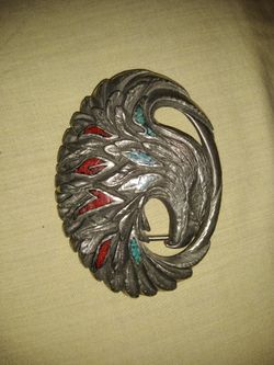 Sterling silver turquoise n red Coral belt buckle vintage Eagle