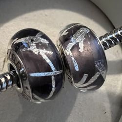2 Charms For Pandora Purple With Silver Confetti Inside Murano 925 Sterling Silver Cores 
