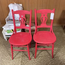 Two Solid Wood Red Chairs