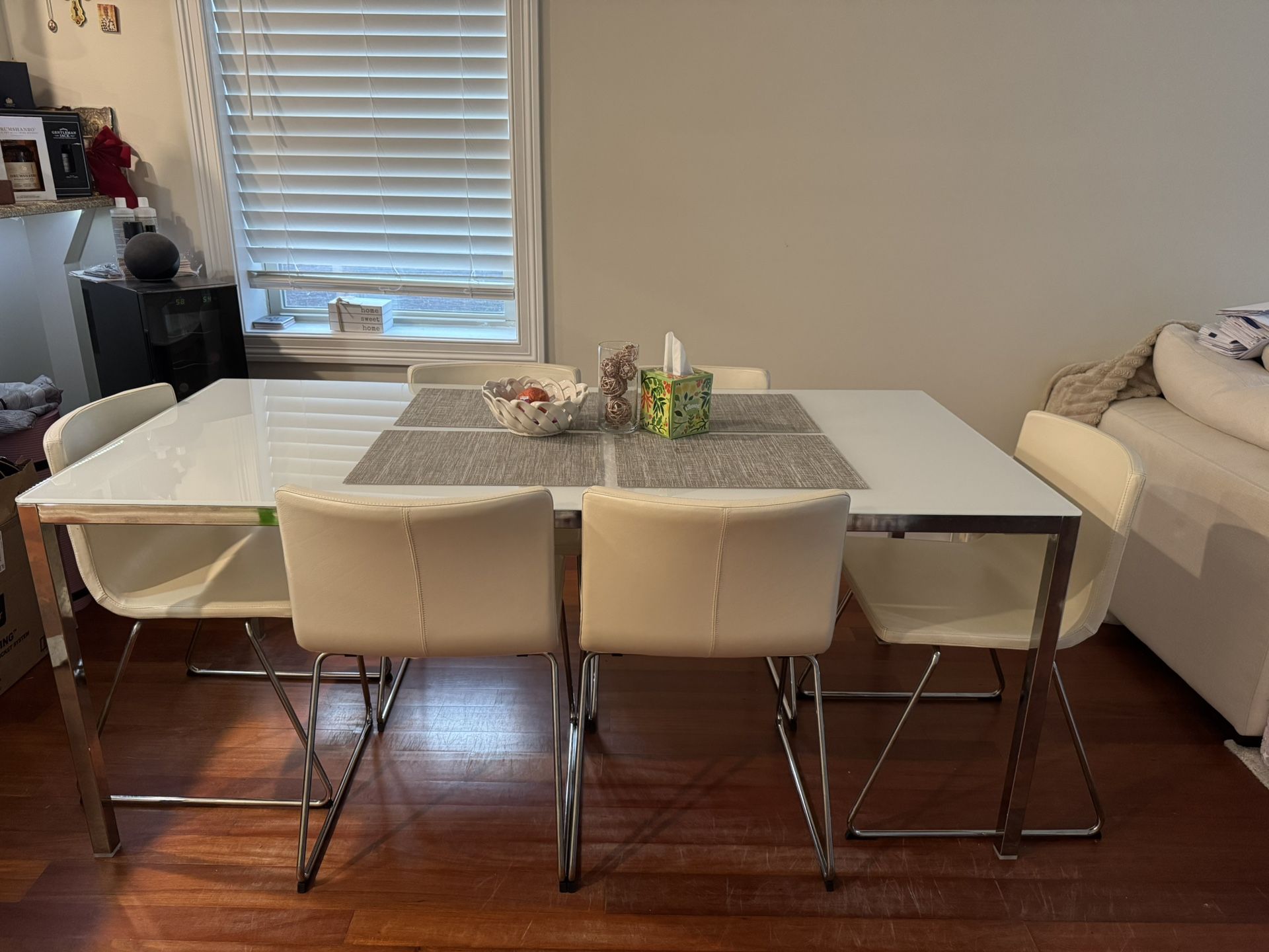 IKEA TORSBY Dining Table + 6 White Faux Leather Chairs – $450 (Set)