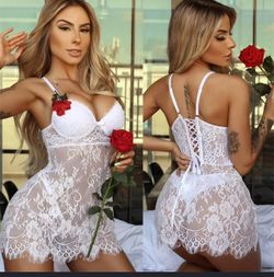 Mesh Lace Hollow Out Cross Backless Babydoll Nightdress Pajamas Sport Bra Front Closure Deep V Neck Backless Mini Babydoll new size M/S