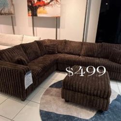 Elegant Brown Fur-Like Jumbo Corduroy Sectional Sofa With Ottoman