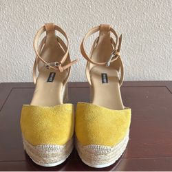Nine West Yellow Suede Espadrille Wedge Sandals 