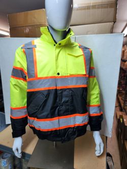 Class 3 Yellow With Black Bottom Bomber Rain Jacket With Hoodie and Sherpa Insulation