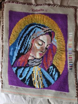 Vintage Virgin Mary Tapestry, Handmade in 1970