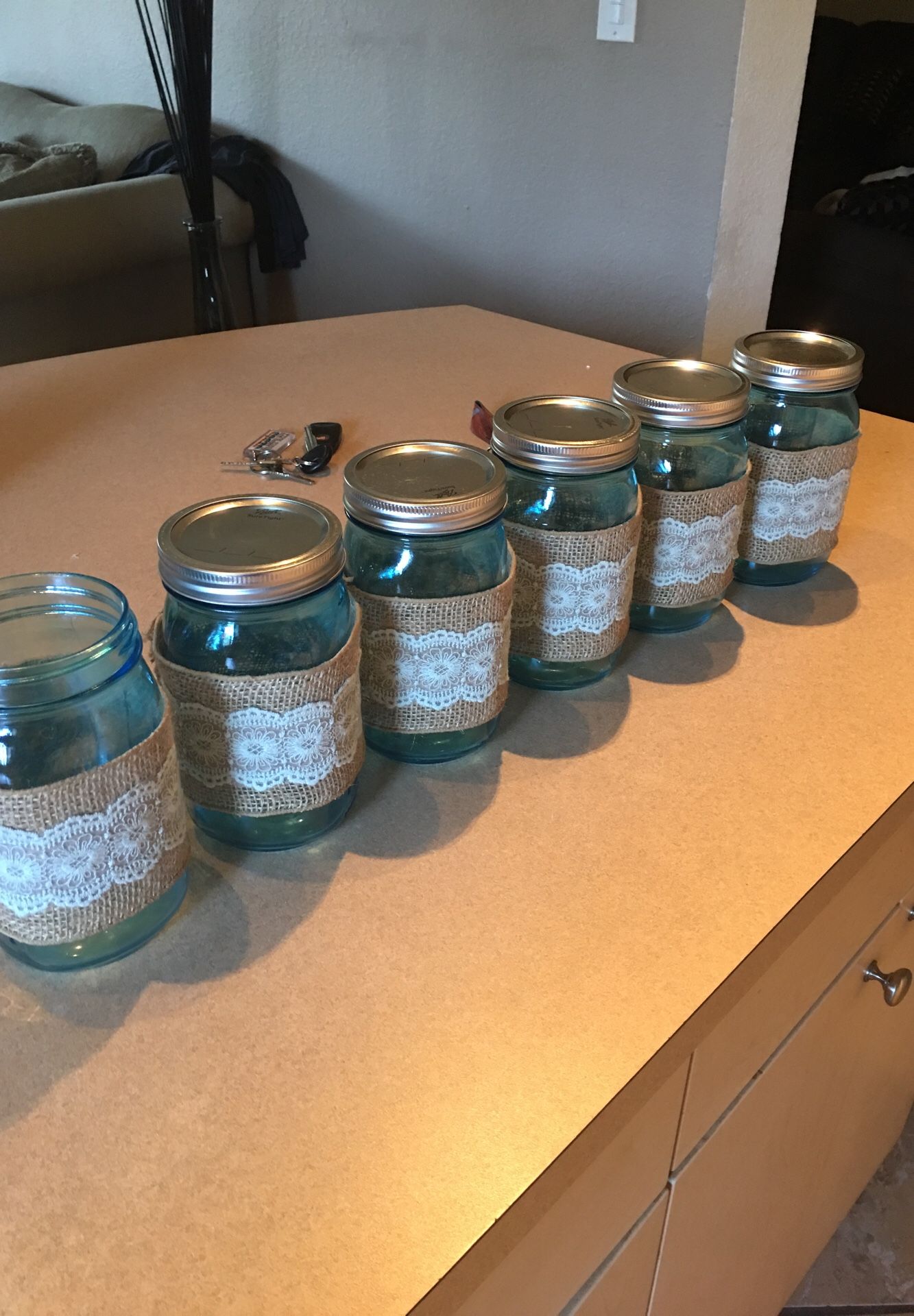 6 blue mason jars