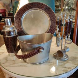 SILVER PLATE BAR SET WITH LEATHER ACCENTS 