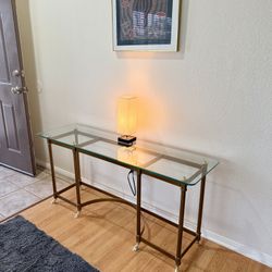 Vintage Hollywood Regency Glass & Gold/ Brass Tone Neoclassical Entryway Console Table W/ Hoof Feet 