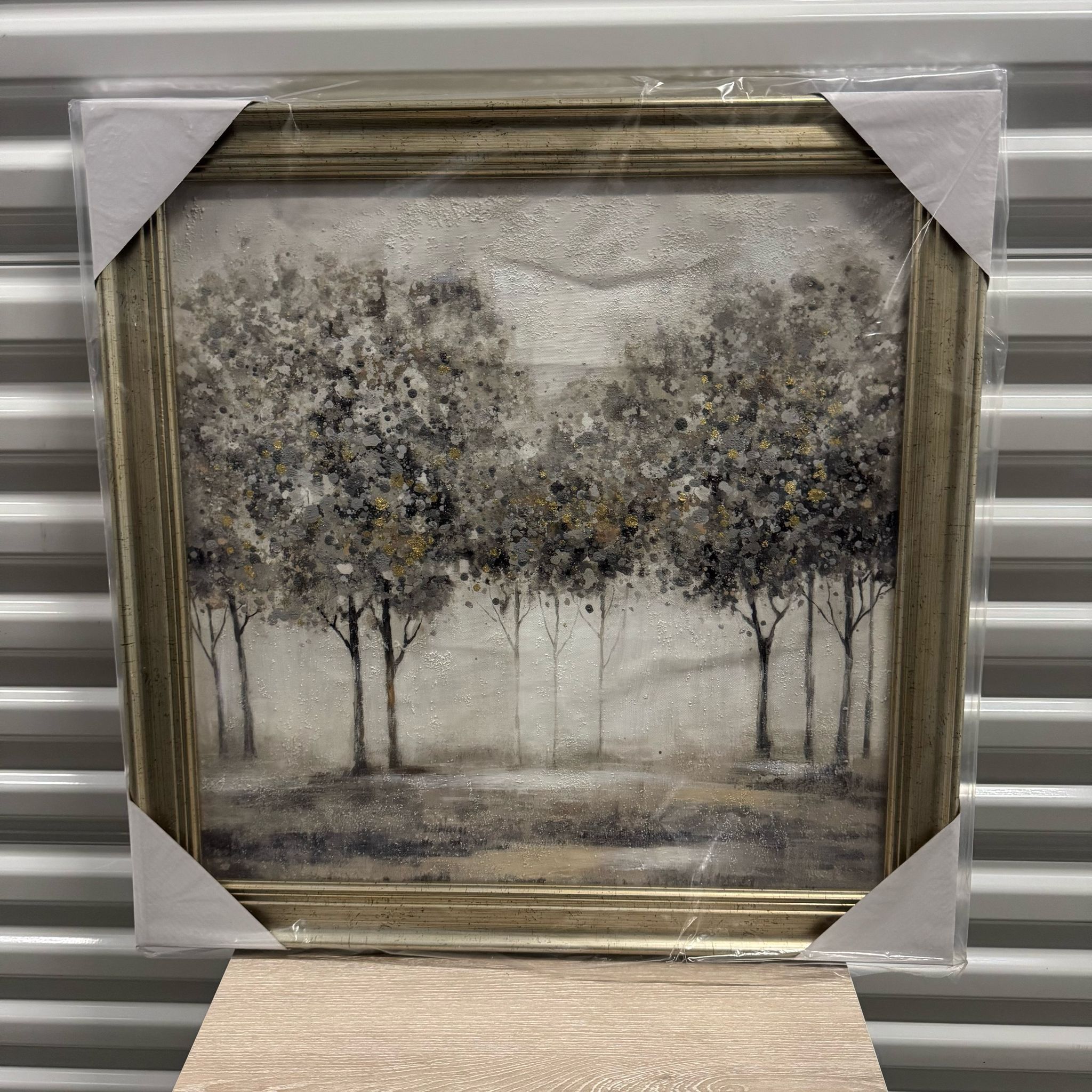 24 x 24 Sliver Tree Framed Painting Abstract Forest Canvas Wall Art Modern Landscape Picture Foggy