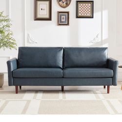 Brand New 80" Faux Leather Sofa, 3 Seater Leather Couch with Cozy Wide Seats (color-blue)