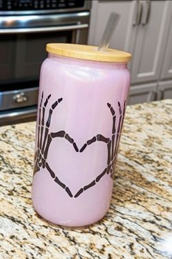 Skeleton Heart Glass Can Cup with Bamboo Lid