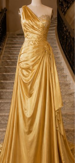 Gold Satin One-Shoulder Evening Gown