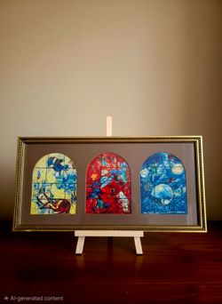 Framed artwork features three panels from Marc Chagall's " The Jerusalem Windows" 21"×11"