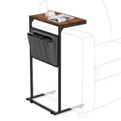Vantic C Shaped End Table, Small Side Table for Couch and Recliner, Slide Under Sofa Tray Desk with Storage Bag for Living Room and Bedroom, Rustic Br
