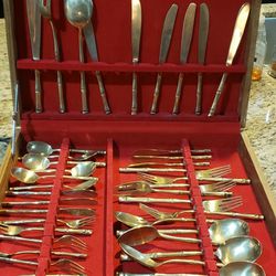 Vintage brass bamboo flatware set with box