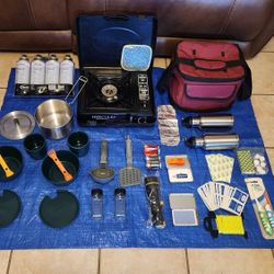 1 Hercules brand Butane Outdoor Camp Stove in a Case, 4 New Sterno Brand Butane Fuel Cartridges, Stanley Adventure Cook Set 