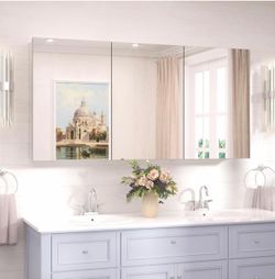 48x24 Bathroom Medicine Cabinet with Mirror Tempered, Aluminum Silver Mirrored Medicine Cabinet Recessed or Surface Mount with Adjustable Storage Meta