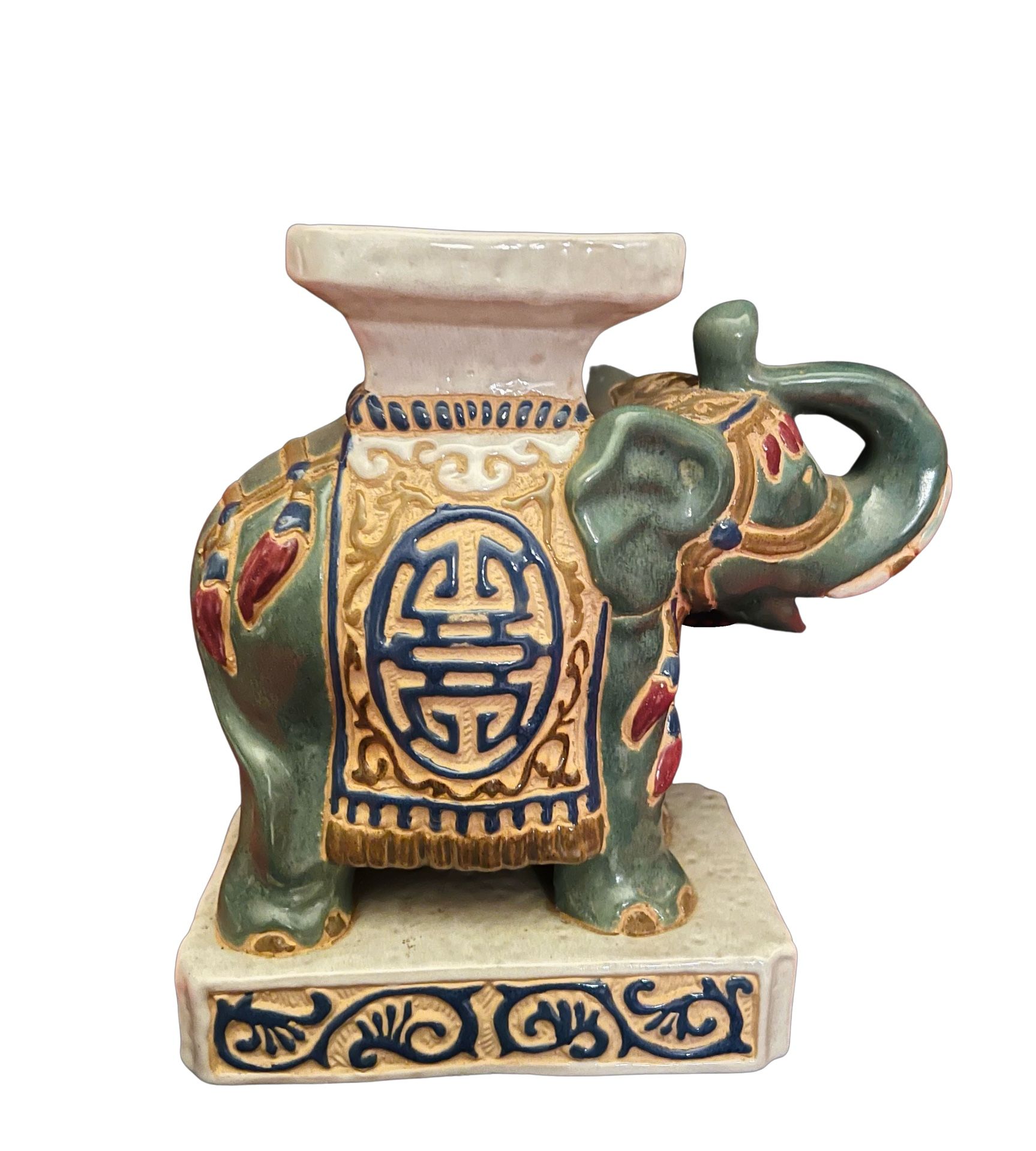 💕 Vintage (NEW) SET of 2 (PAIR) Small Asian Ceramic Glazed Green Blue Red White ELEPHANT Statue, Plant Stand, Bookend 💕