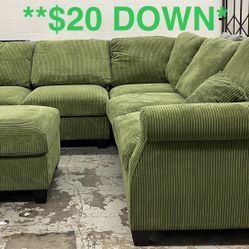 Beautiful New Sage Corduroy Sectional (Finance and Free Delivery)