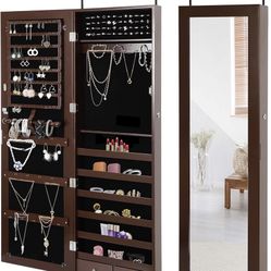 Hanging Jewelry Cabinet Organizer with Mirror 47.2''H Lockable Jewelry Armoire Wall Door