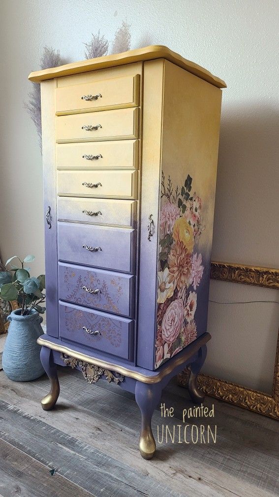 Large Refinished Floral Jewelry Armoire - Craft Storage