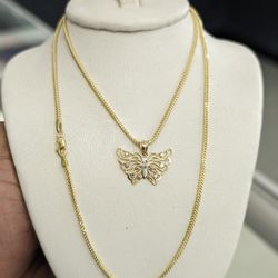 10kt Real Gold Butterfly Pendant And Franco Chain 